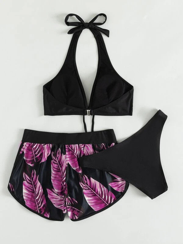 Three-Piece Leaf Print Bikini Set