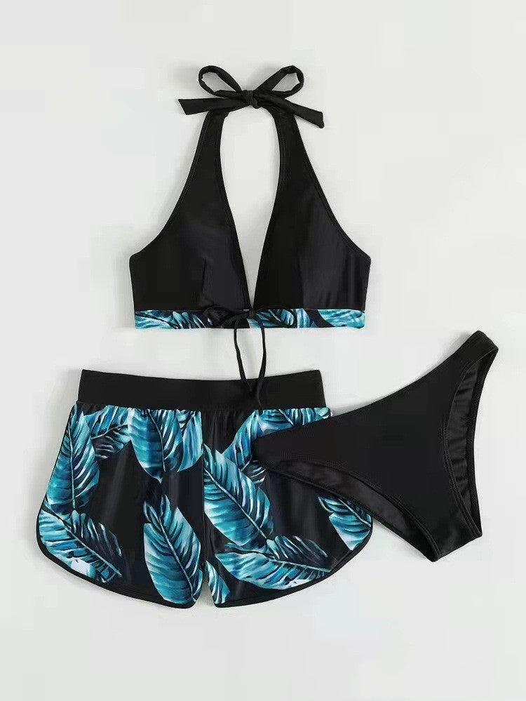 Three-Piece Leaf Print Bikini Set
