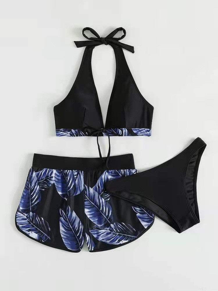 Three-Piece Leaf Print Bikini Set