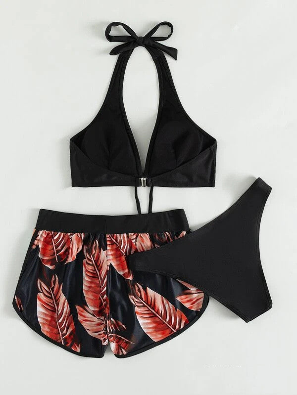 Three-Piece Leaf Print Bikini Set