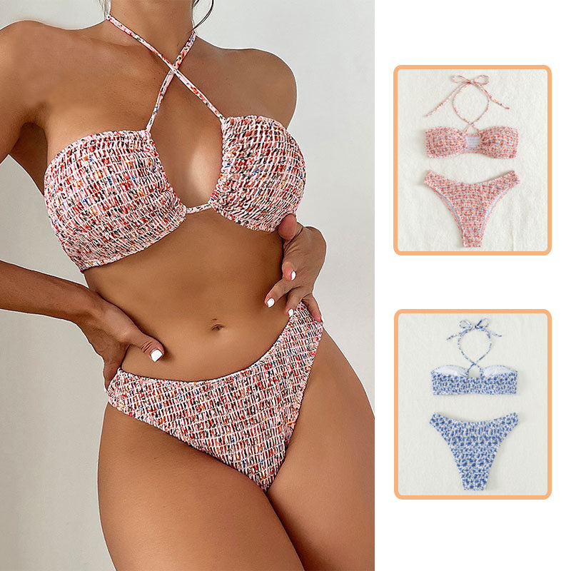 Floral Print Pleated Design Bikini Set