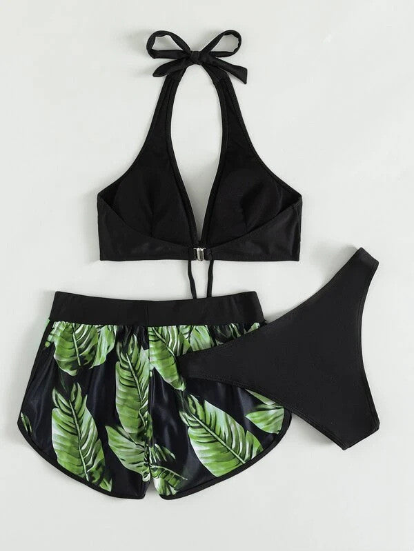 Three-Piece Leaf Print Bikini Set