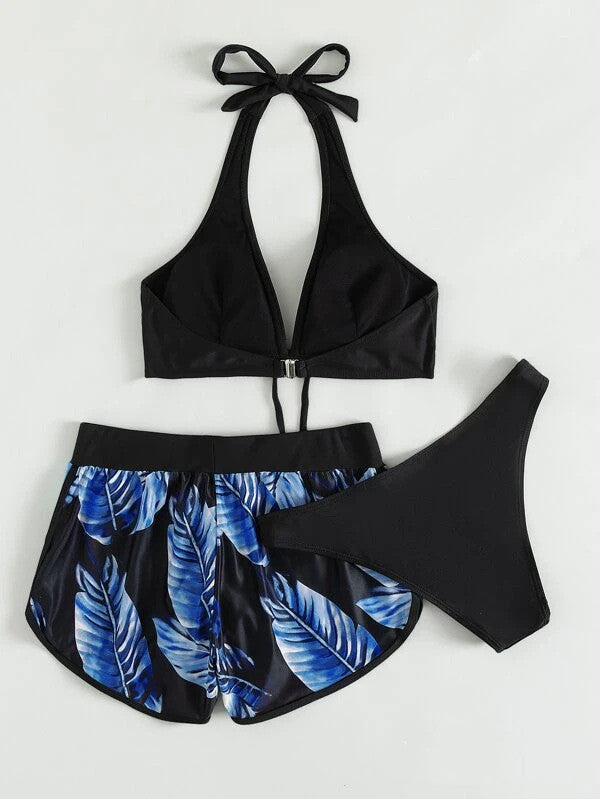 Three-Piece Leaf Print Bikini Set
