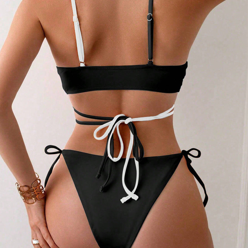 Color Matching Lace-up Hollow Bikini Three-Point Style