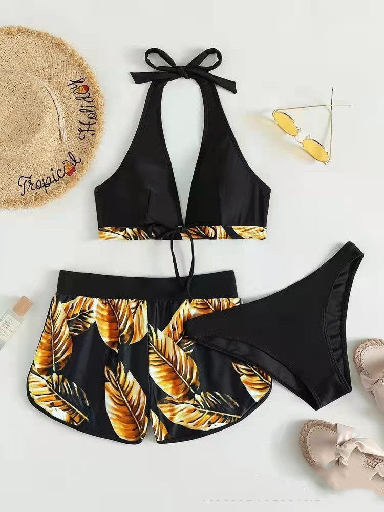 Three-Piece Leaf Print Bikini Set