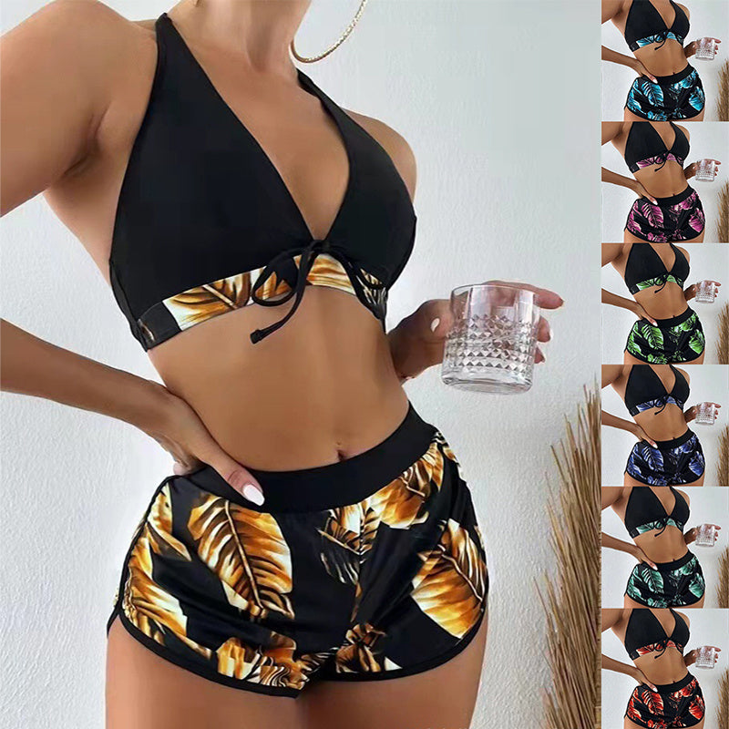 Three-Piece Leaf Print Bikini Set