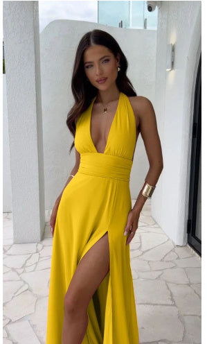 Sexy Halterneck V-neck Slit Dress