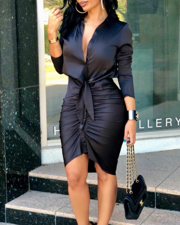 Lace-up Solid Color Long Sleeve Midi Dress