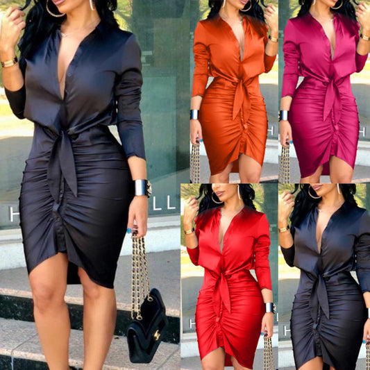 Lace-up Solid Color Long Sleeve Midi Dress