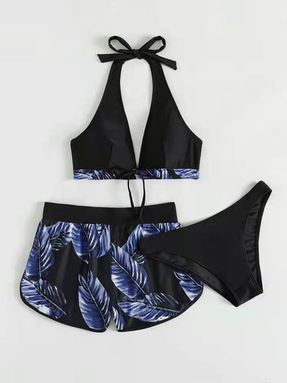 Three-Piece Leaf Print Bikini Set