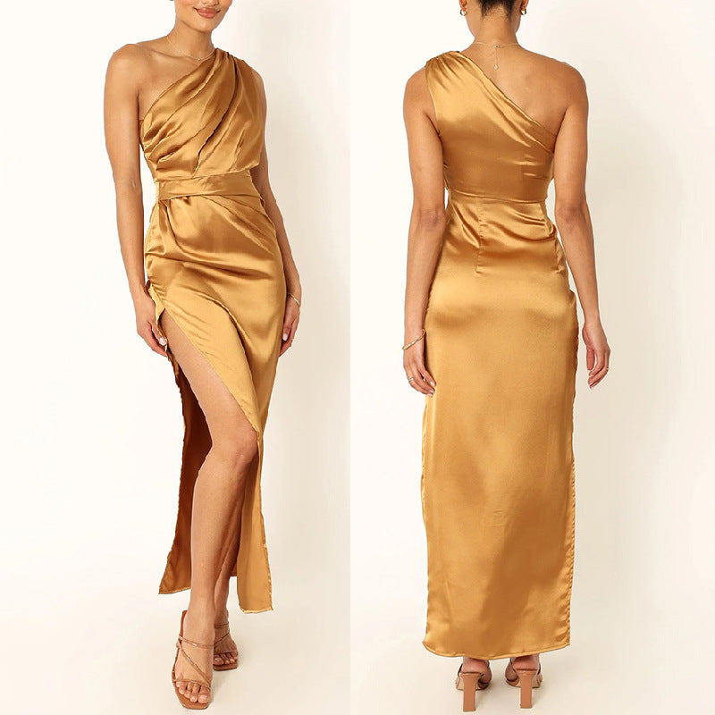 Oblique Shoulder Satin Solid Color Dress