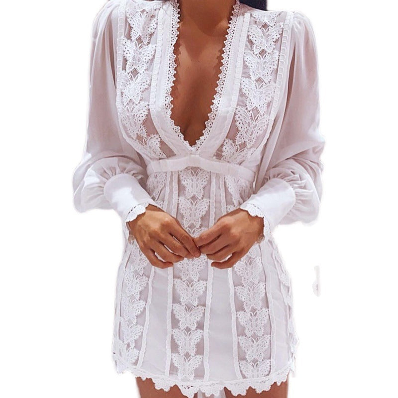 White Elegant Dresses Sexy V Neck Lace