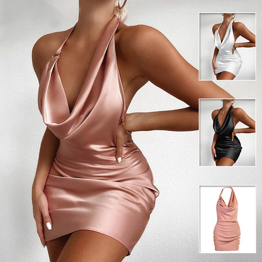 Satin Party Dress V Neck Backless Dress