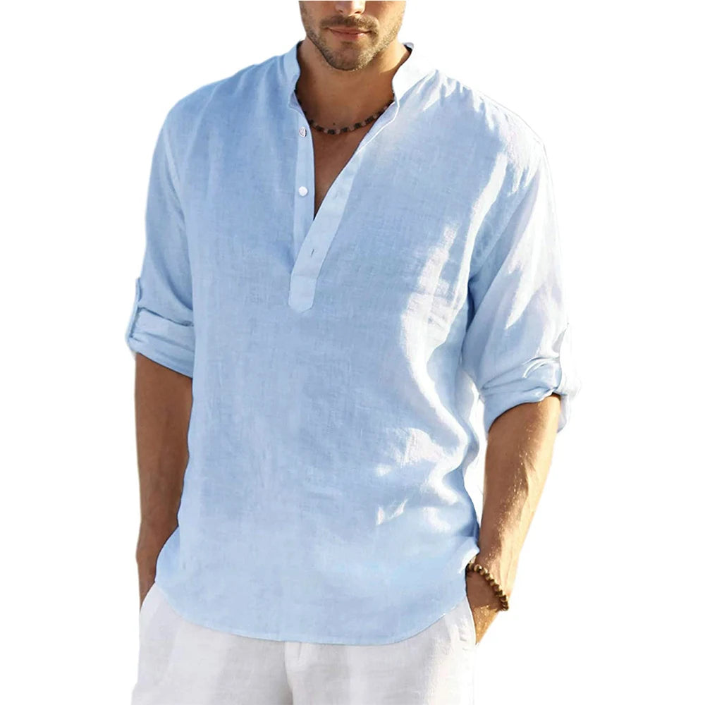 Men's Casual Cotton Linen Long Sleeve Shirt