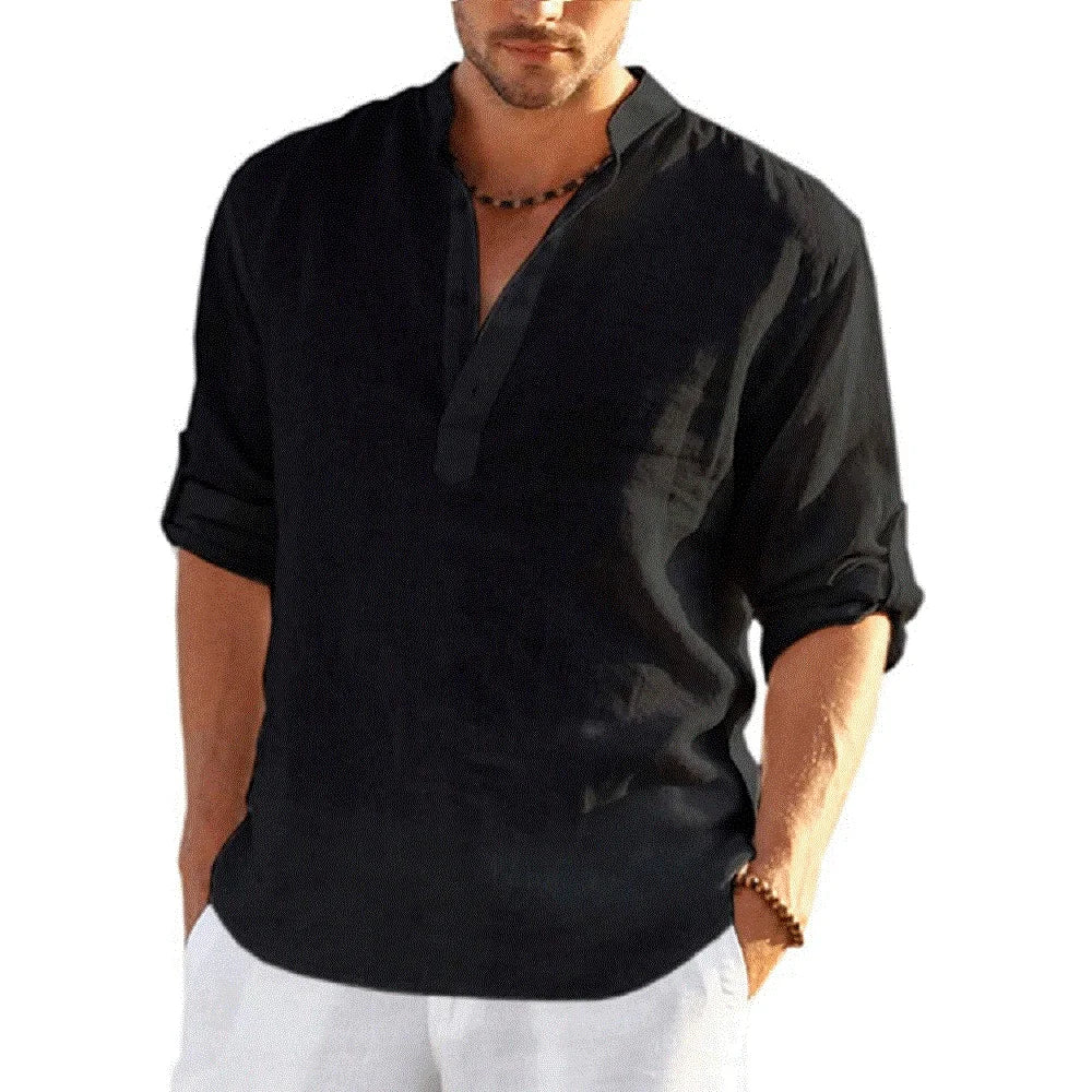 Men's Casual Cotton Linen Long Sleeve Shirt