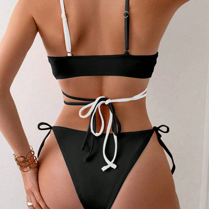 Color Matching Lace-up Hollow Bikini Three-Point Style