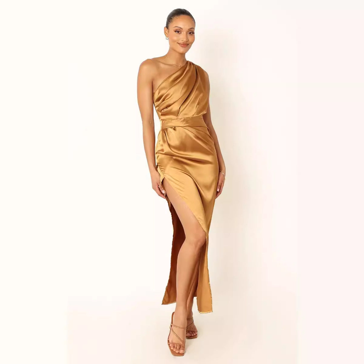 Oblique Shoulder Satin Solid Color Dress