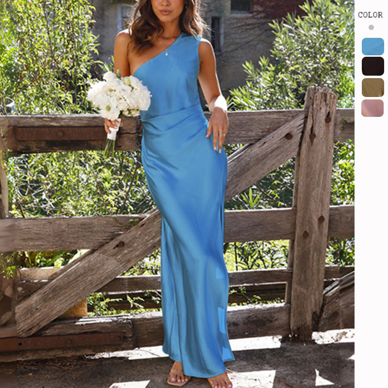 Slim One-shoulder Split Satin Dress